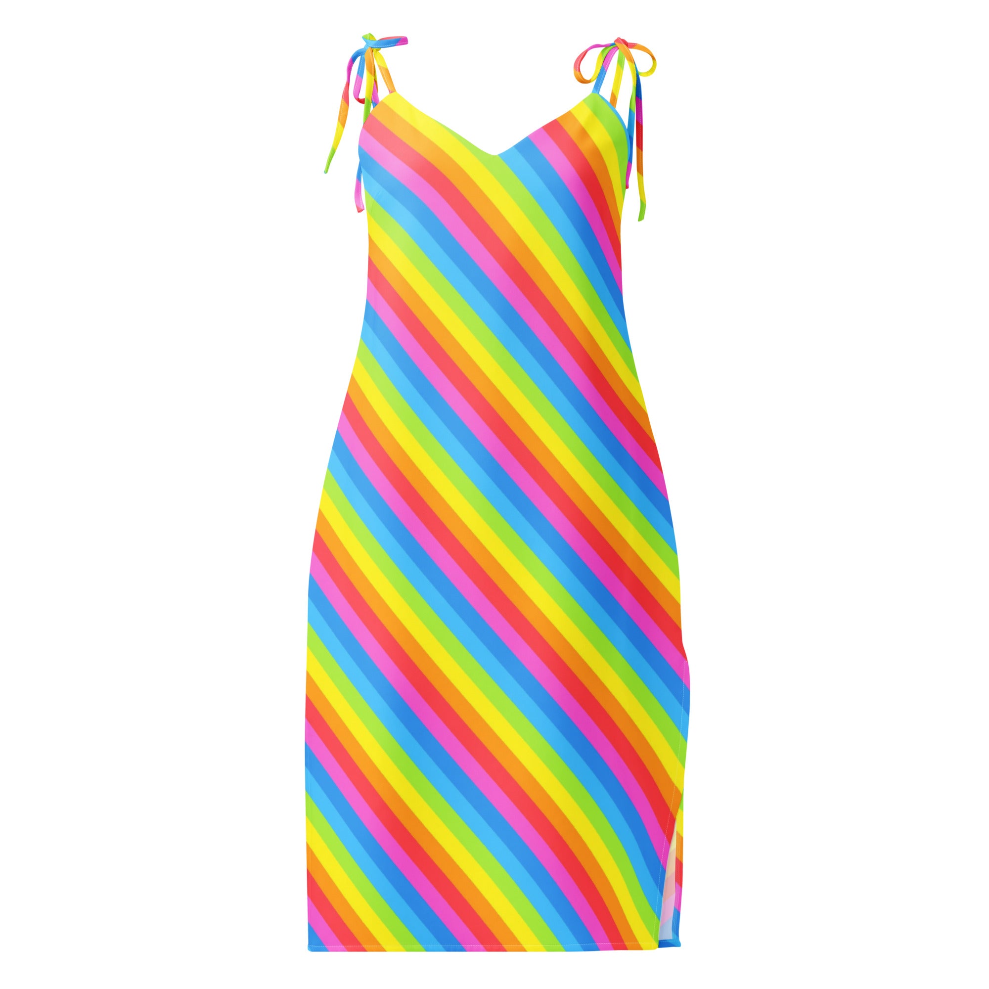 Women’s rainbow stripe slip dress midi dress with adjustable colorful tie straps and side slit in vibrant colors