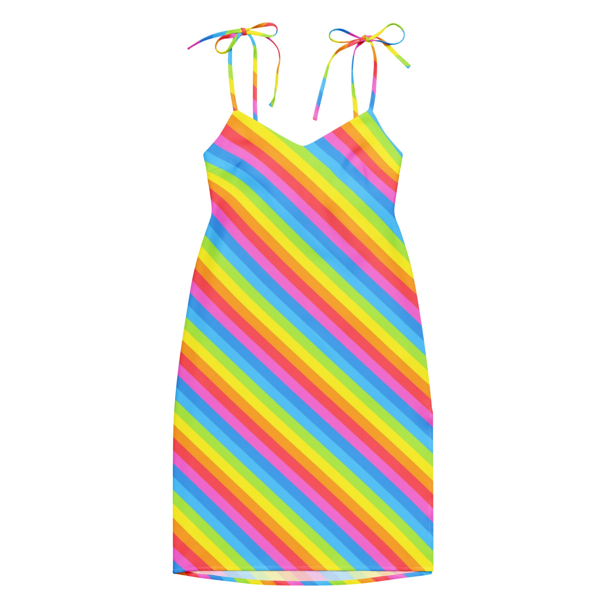 A vibrant rainbow stripe midi slip dress with adjustable spaghetti tie straps and built in bra detail