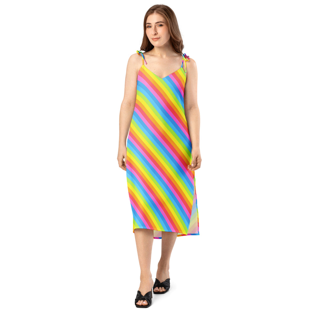 A vibrant rainbow stripe slip dress midi with adjustable tie straps thin straps and a v-neckline for women