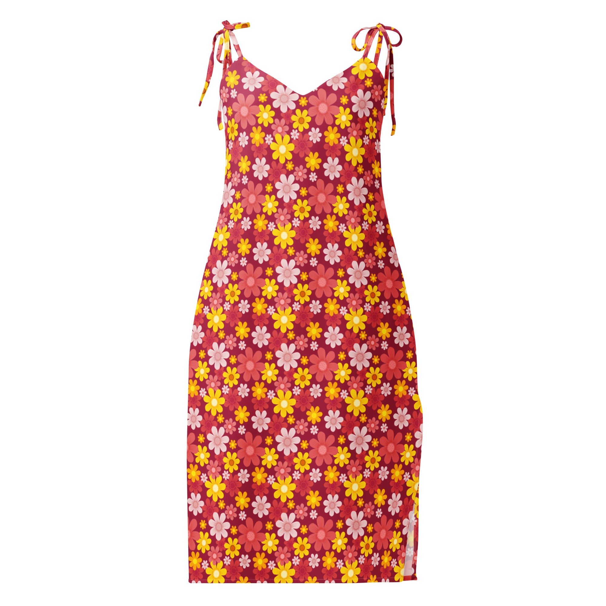 Women’s red floral slip dress midi dress with yellow pink blossoms adjustable tie straps and built in bra