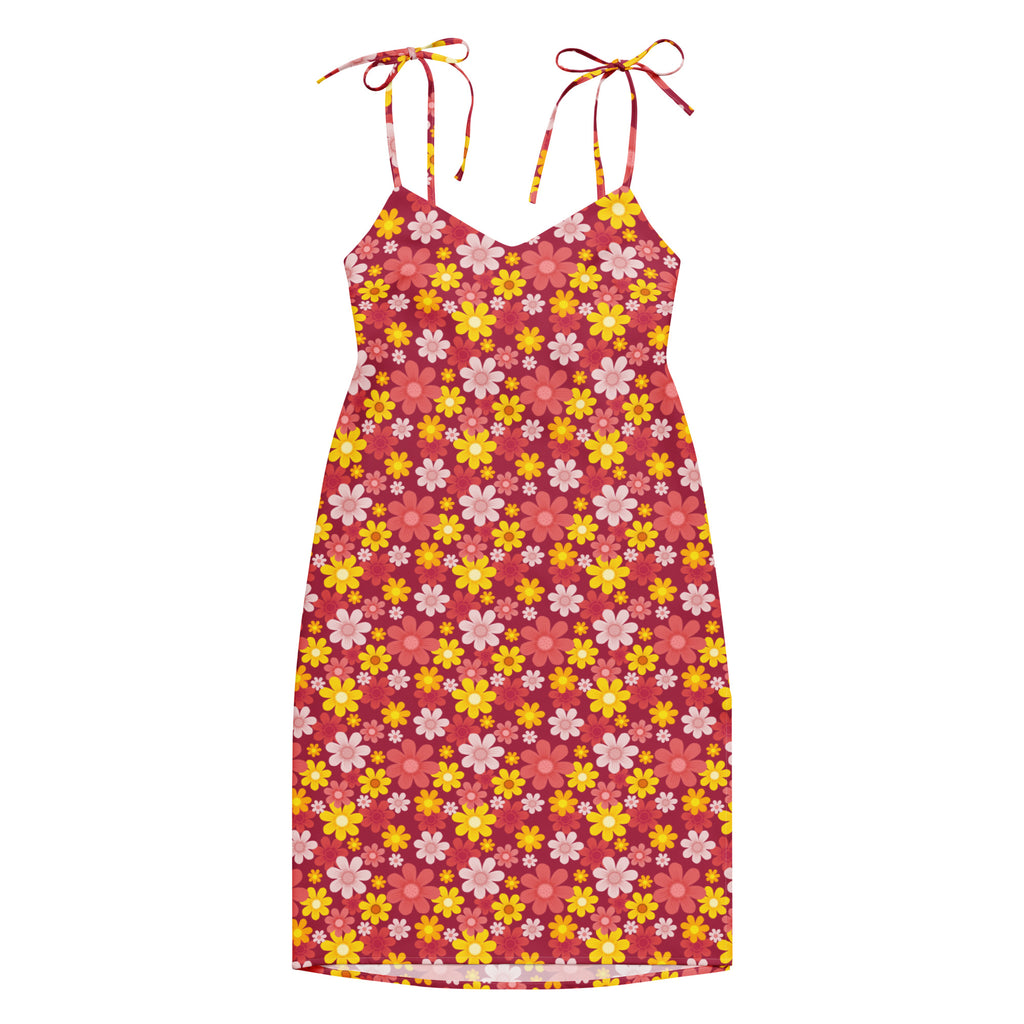 Women’s red floral slip midi dress with adjustable tie straps and built-in bra featuring yellow and pink blossoms