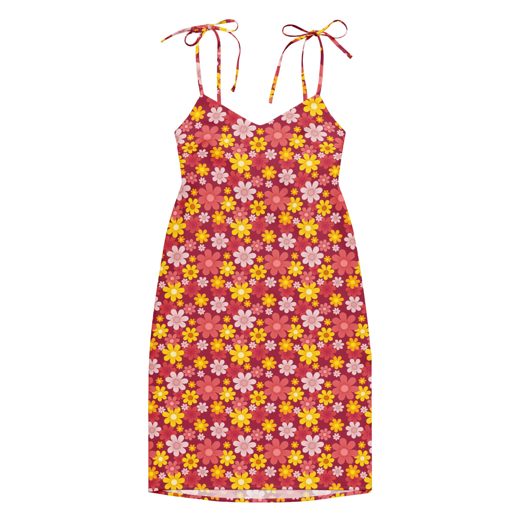 Women’s red floral slip midi dress with adjustable tie straps and built-in bra featuring yellow and pink blossoms