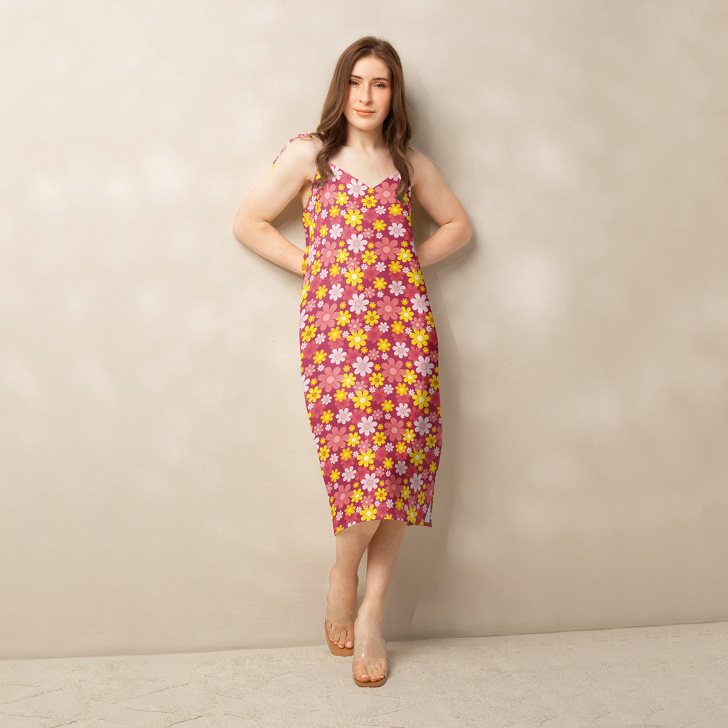 Women’s red floral slip midi dress with vibrant pink yellow white blossoms thin adjustable tie straps and built in bra