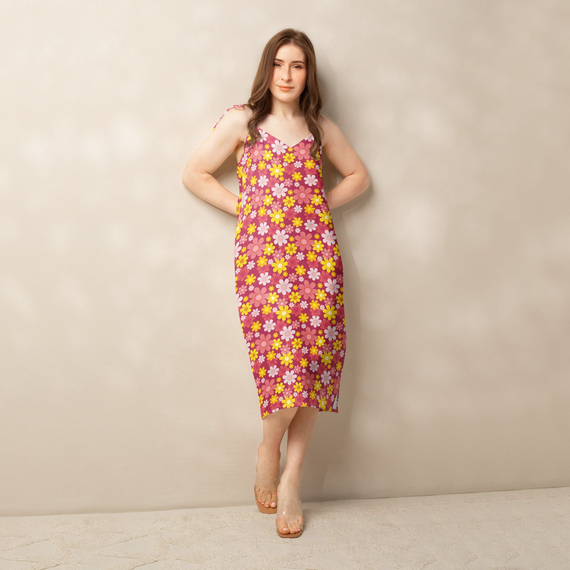 Women’s red floral slip midi dress with vibrant pink yellow white blossoms thin adjustable tie straps and built in bra