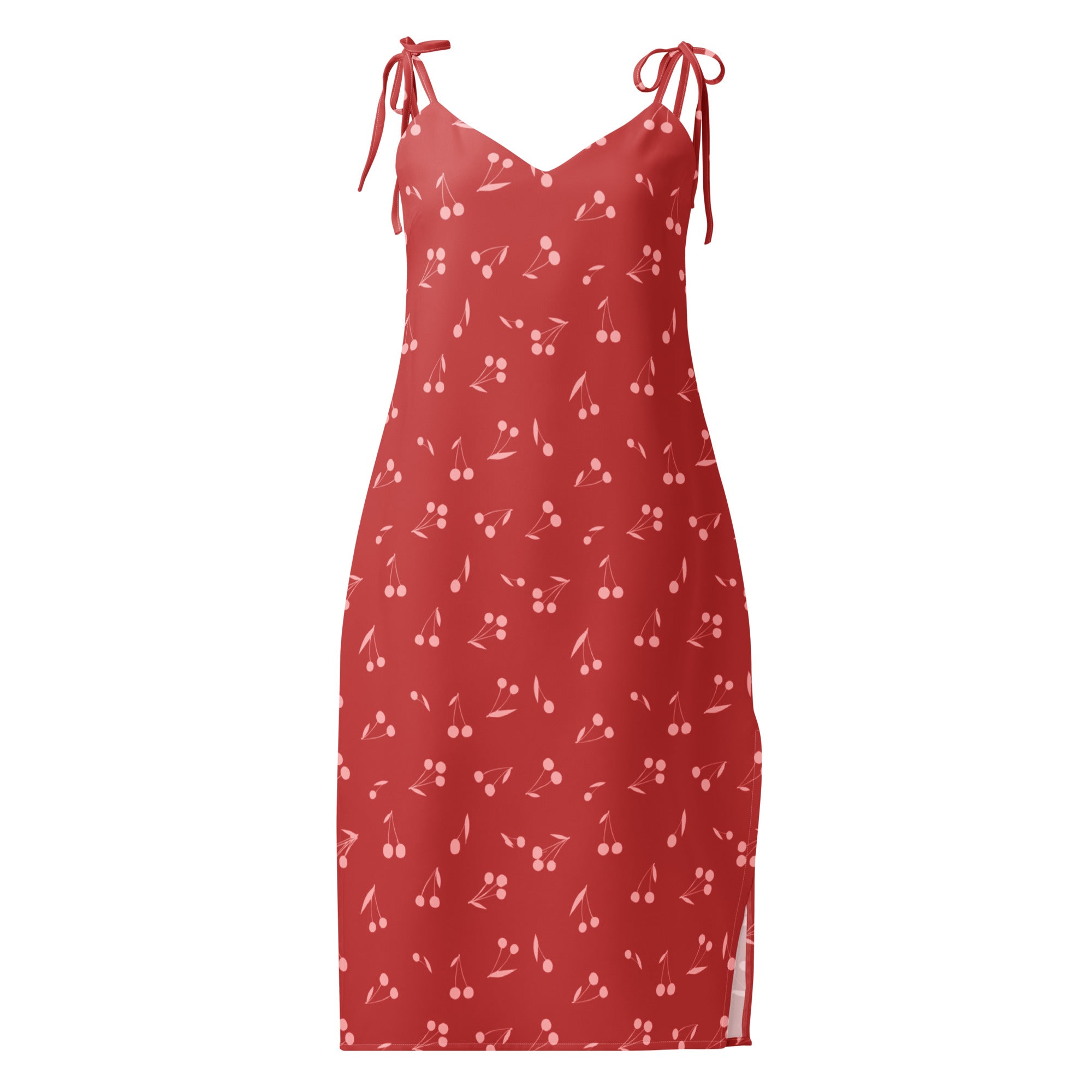 Women’s red cherry print slip dress midi with adjustable tie straps side slit and built in bra
