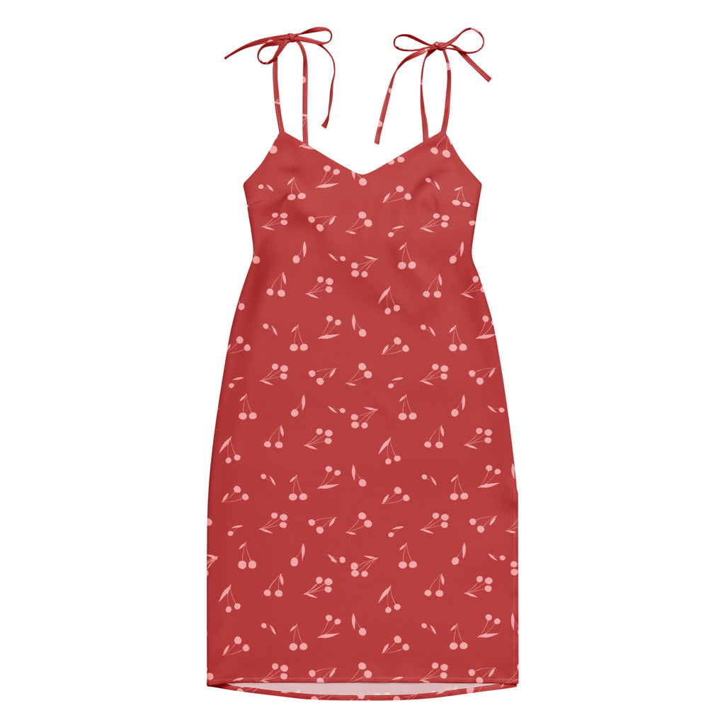 Women’s red cherry print midi slip dress with adjustable spaghetti shoulder ties and built in bra
