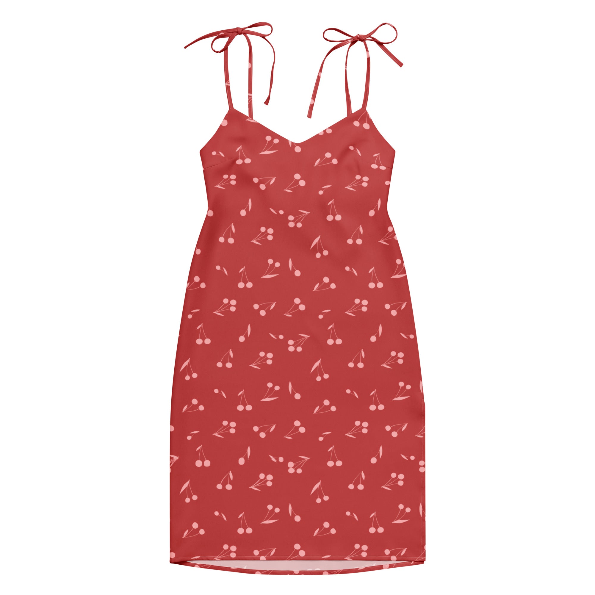 Women’s red cherry print midi slip dress with adjustable spaghetti shoulder ties and built in bra
