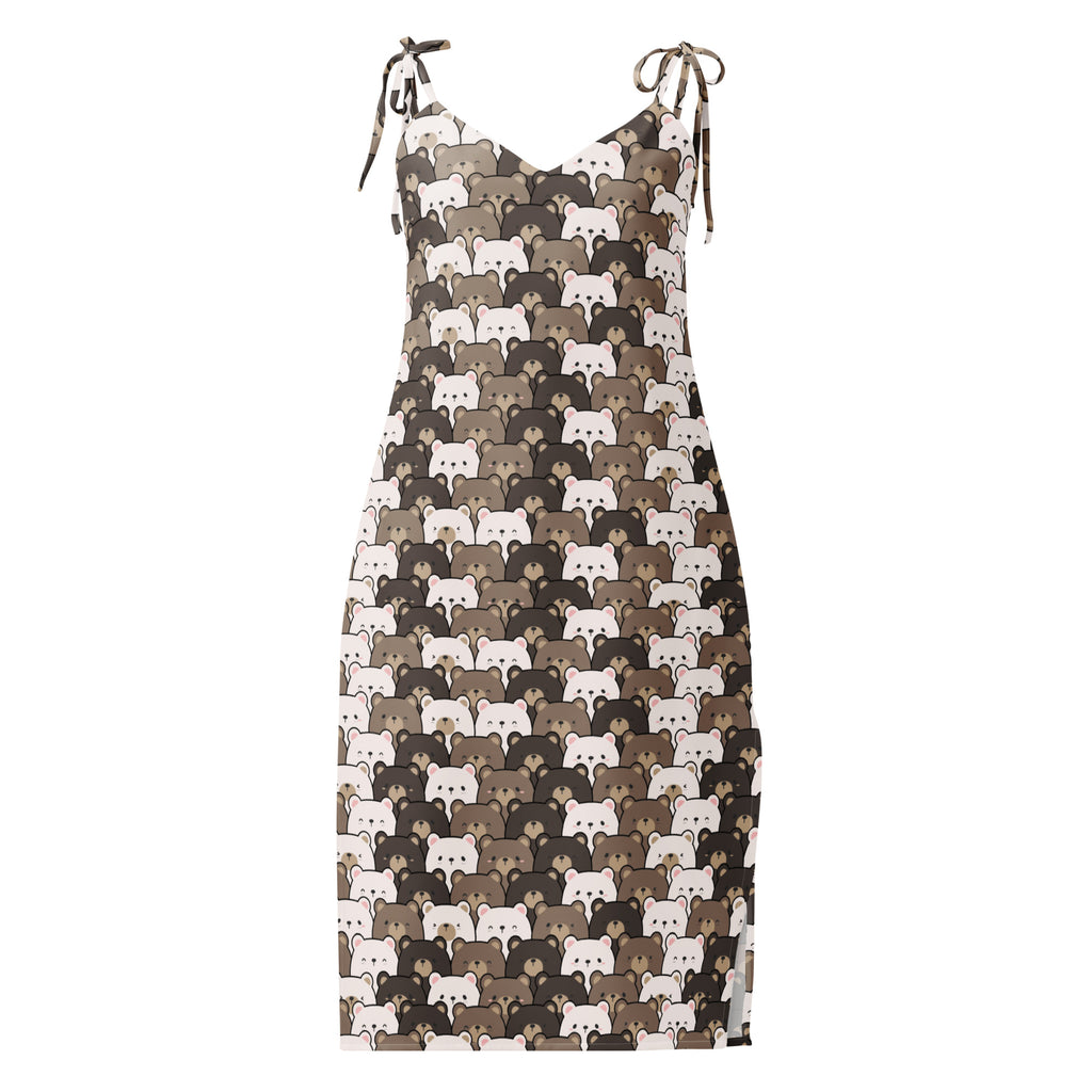 Women’s bear face slip dress midi with adjustable tie straps featuring a cartoon bear pattern in brown and white