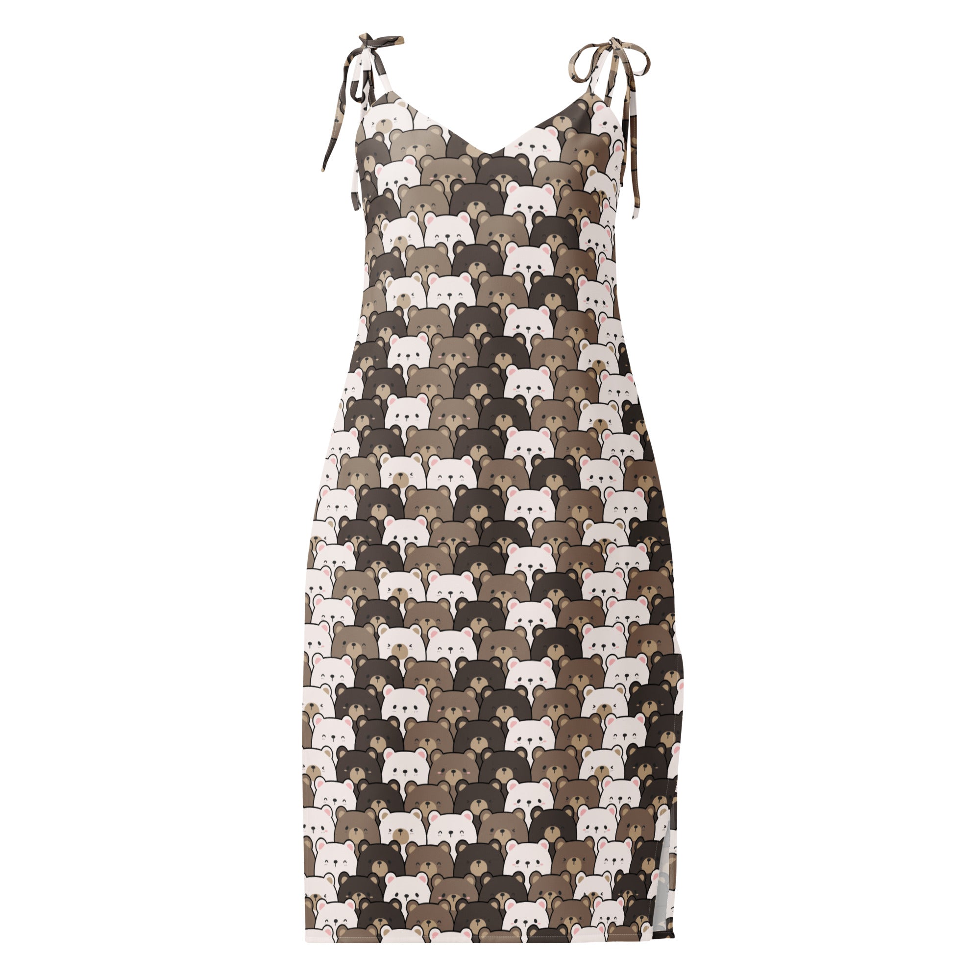 Women’s bear face slip dress midi with adjustable tie straps featuring a cartoon bear pattern in brown and white