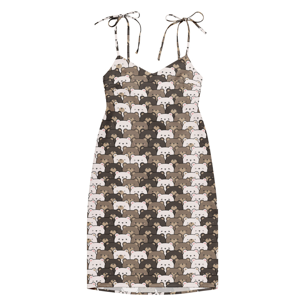 Women’s bear face slip dress midi dress with adjustable tie straps and built in bra featuring cartoon bear pattern