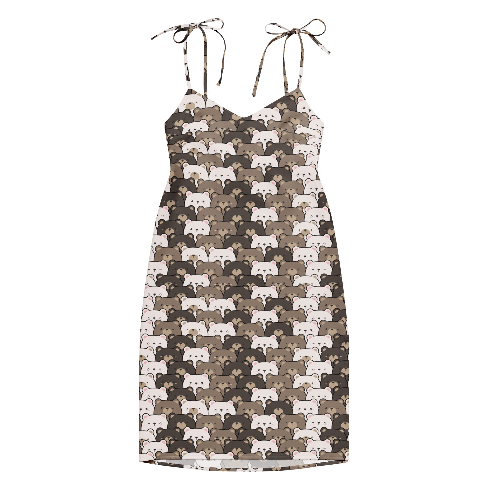 Women’s bear face slip dress midi dress with adjustable tie straps and built in bra featuring cartoon bear pattern