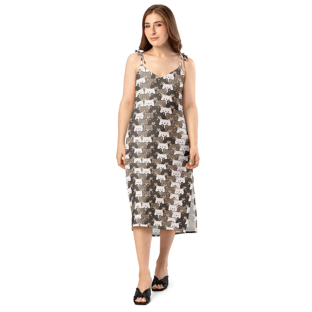 Women’s bear face slip midi dress with adjustable tie straps and built in bra featuring a gray cat pattern on dark gray
