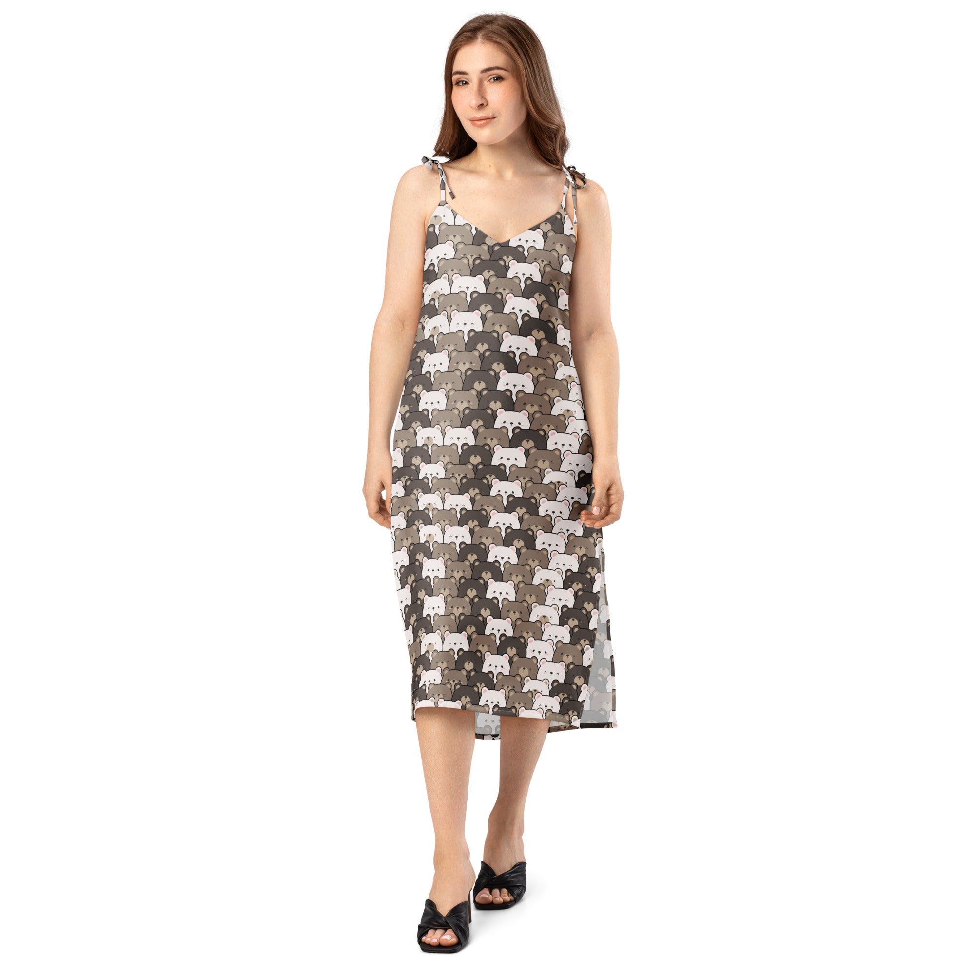 Women’s bear face slip midi dress with adjustable tie straps and built in bra featuring a gray cat pattern on dark gray