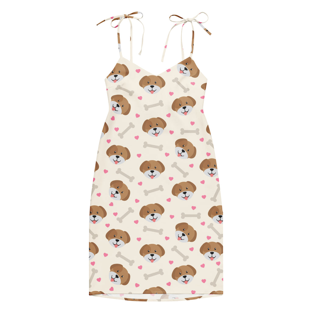 Women’s creamy off-white midi slip dress with cute brown dog faces pink hearts gray bones and adjustable tie straps