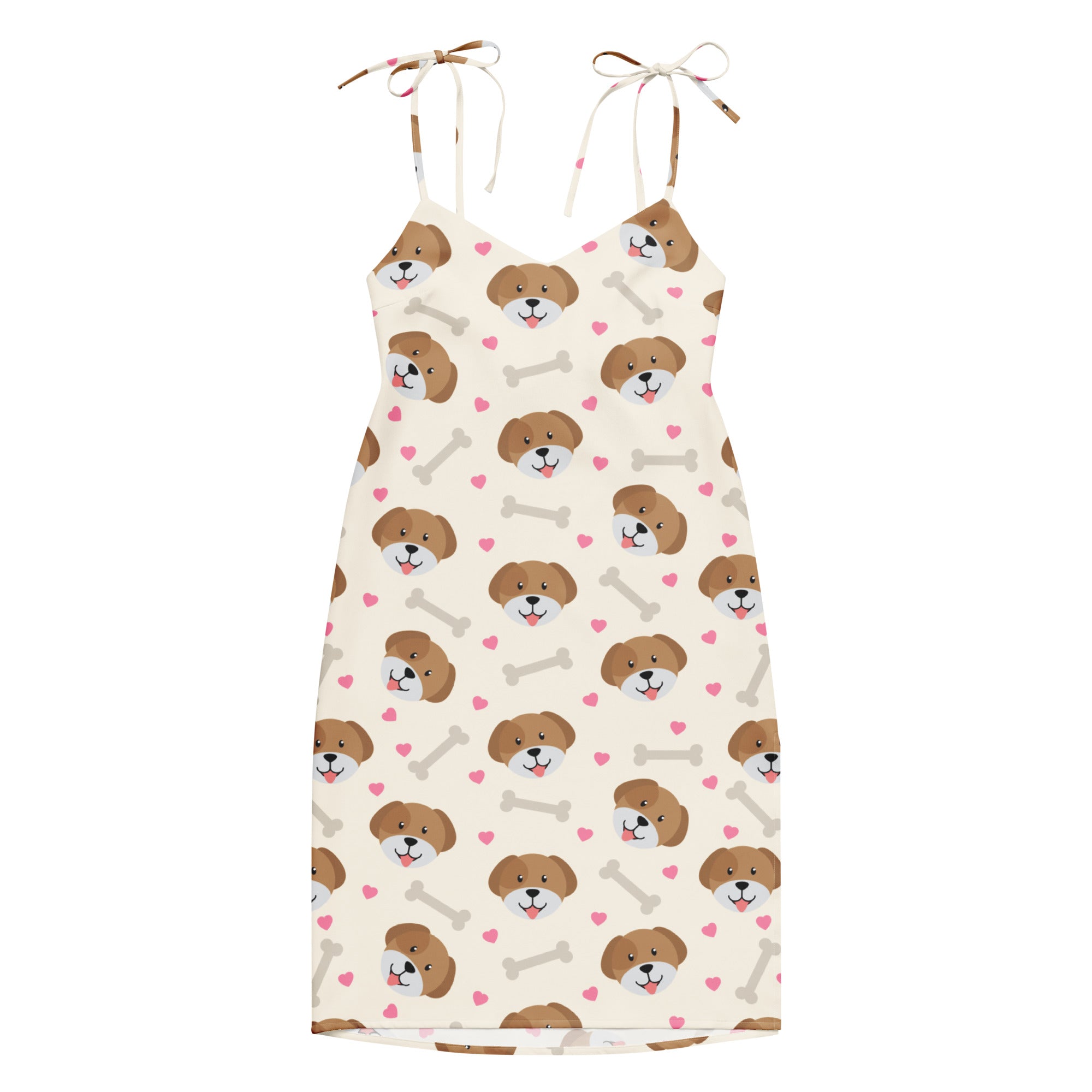 Women’s creamy off-white midi slip dress with cute brown dog faces pink hearts gray bones and adjustable tie straps