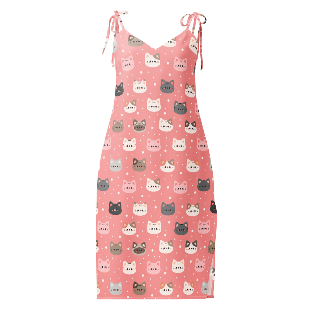 Women’s pink cat slip dress midi dress with v-neckline tied shoulder straps and colorful cartoon cat pattern