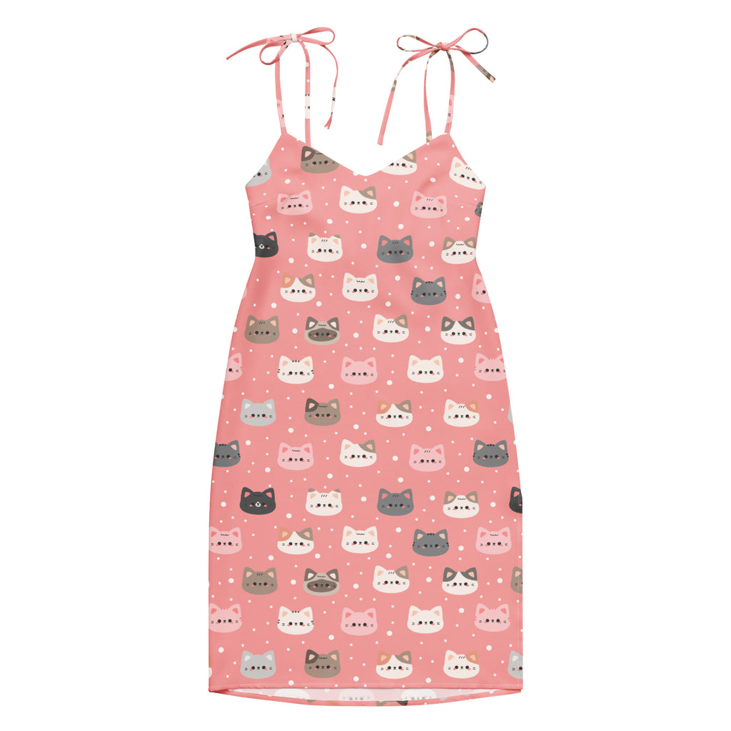 Women’s pink midi slip dress with adjustable tie straps and playful multicolored cartoon cat pattern