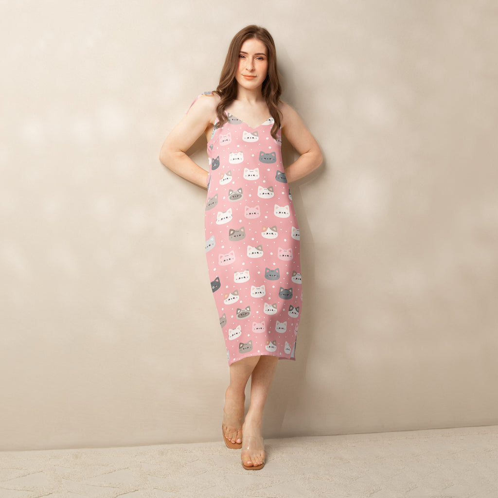 Women’s pink cat slip dress midi dress with adjustable tie straps built in bra and playful cat face pattern