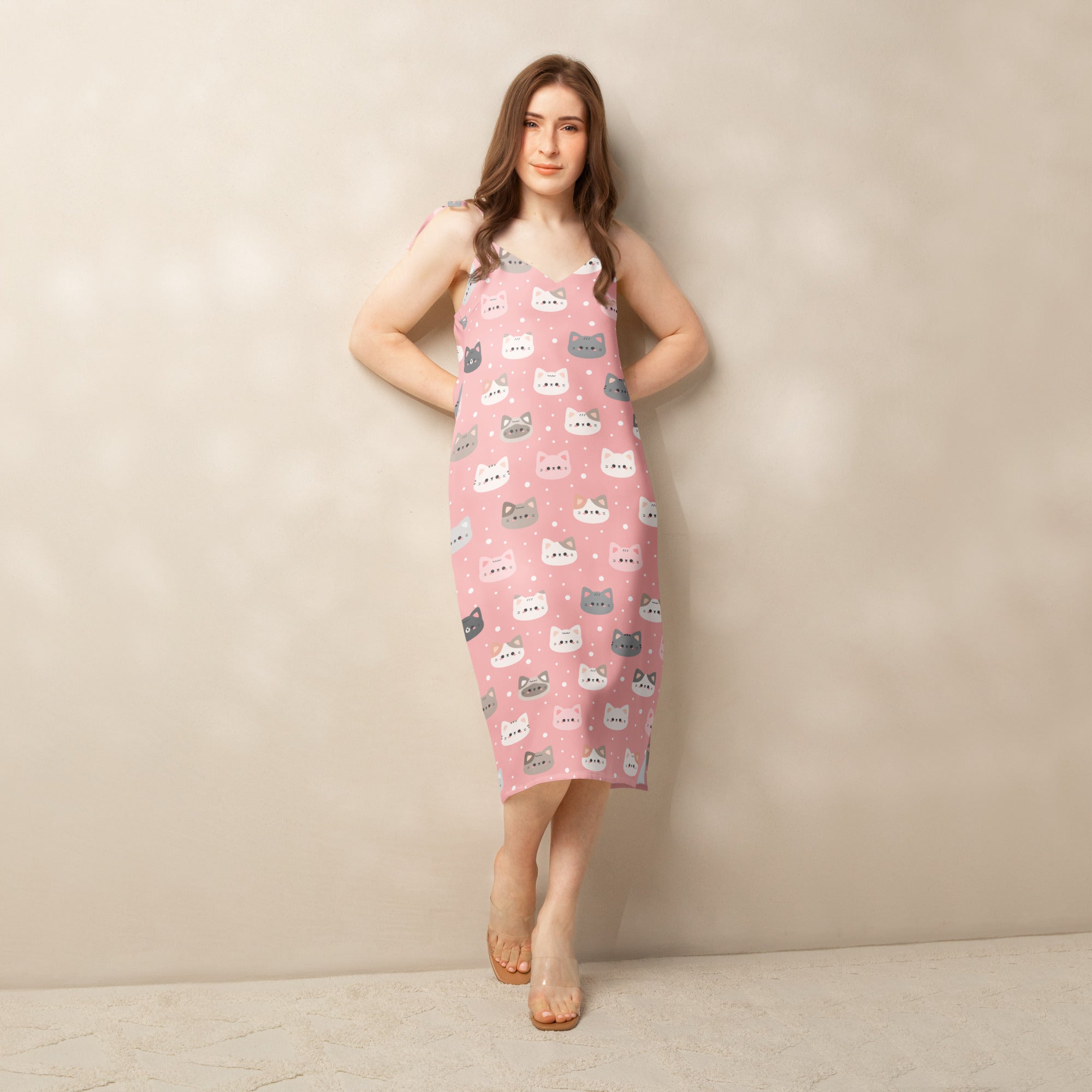 Women’s pink cat slip dress midi dress with adjustable tie straps built in bra and playful cat face pattern
