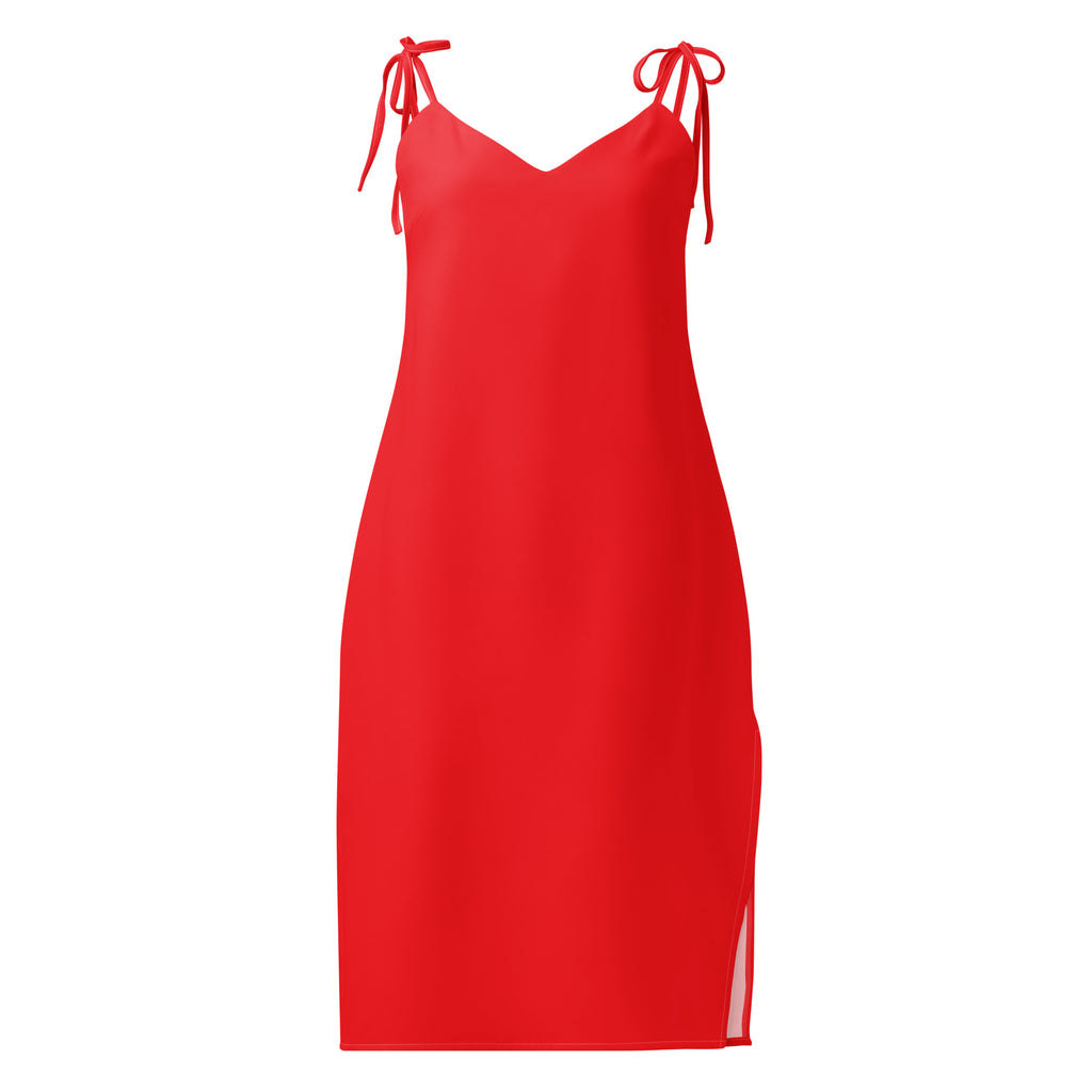 Red slip dress with thin straps on a white background