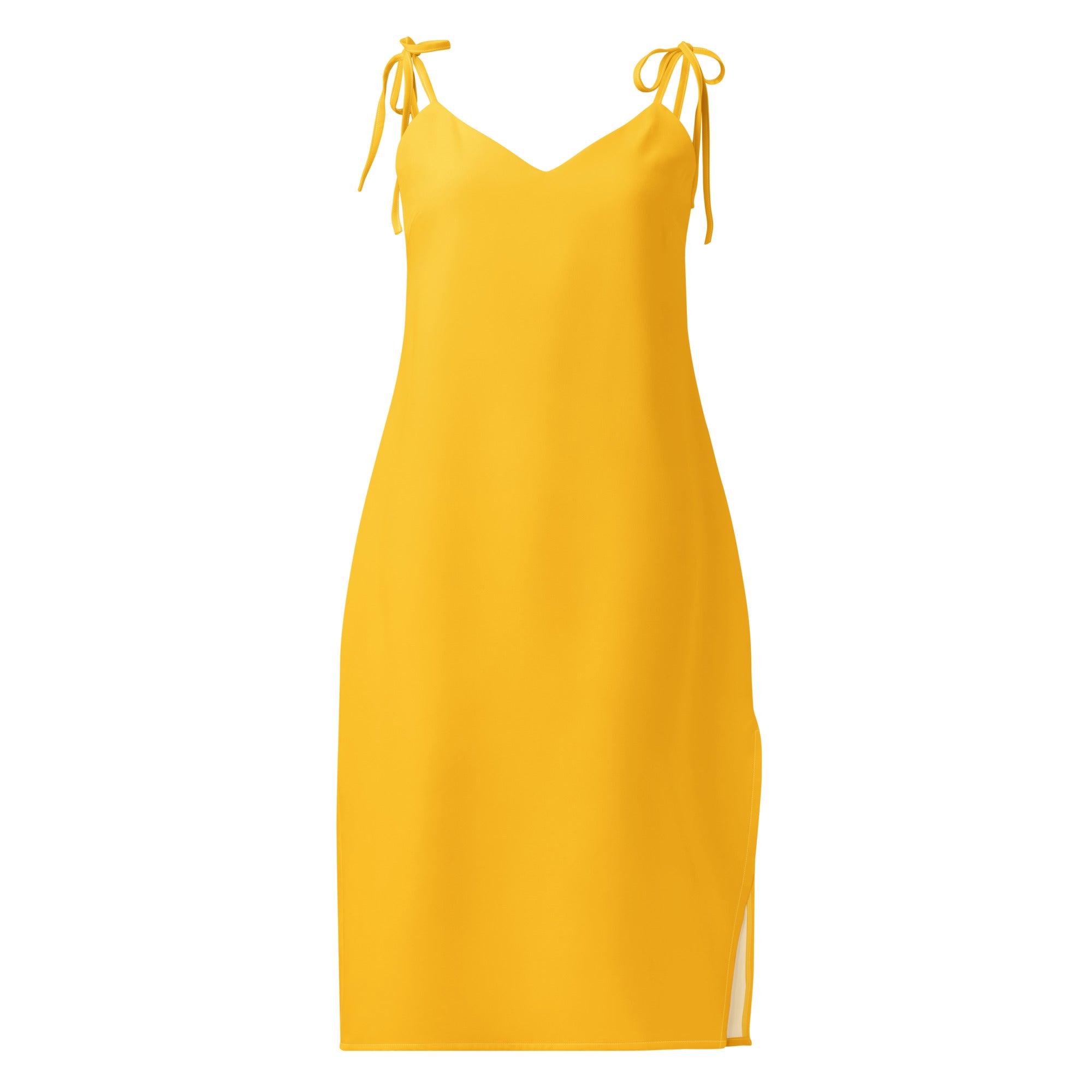 Women's yellow slip dress with adjustable tie straps and midi length