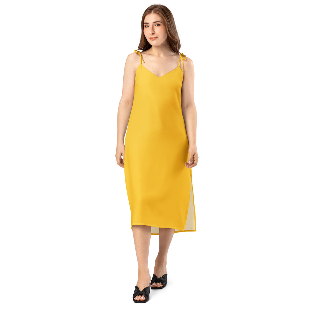 Bouvelle Women's Yellow Midi Slip Dress with adjustable tie straps and built-in bra