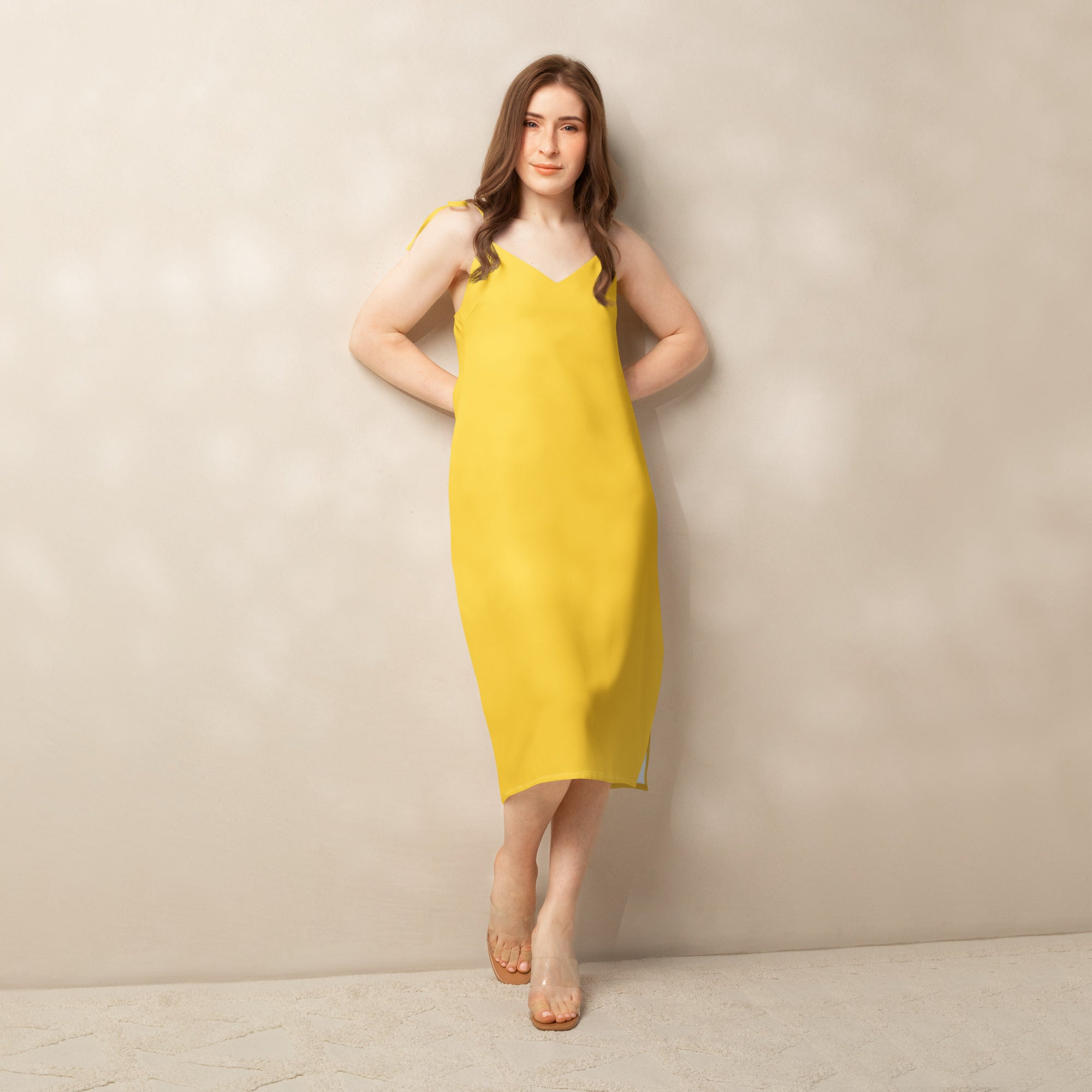 Women's Bouvelle yellow slip midi dress with adjustable tie straps and built-in bra