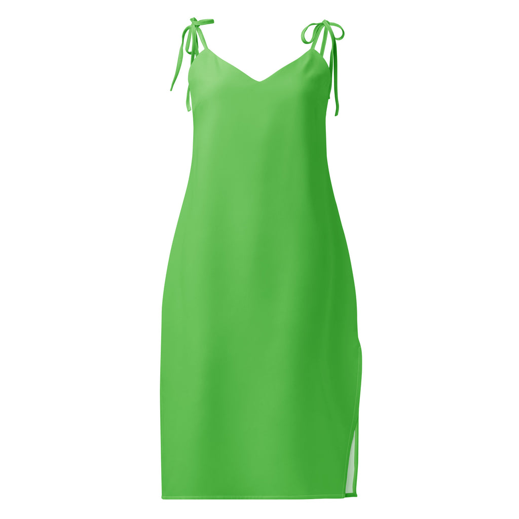 Women's green Bouvelle slip dress, midi length with adjustable tie straps and built-in bra