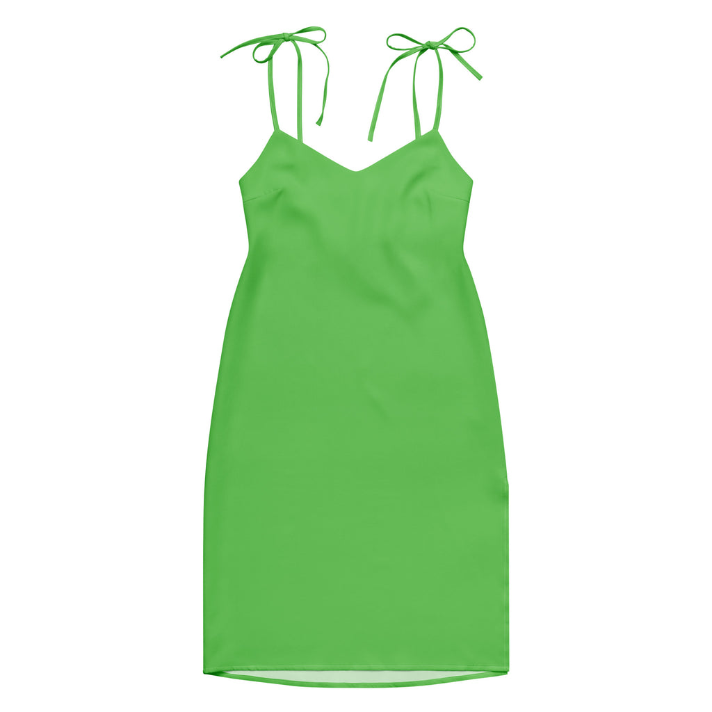 Women's green slip dress with adjustable tie straps, midi length