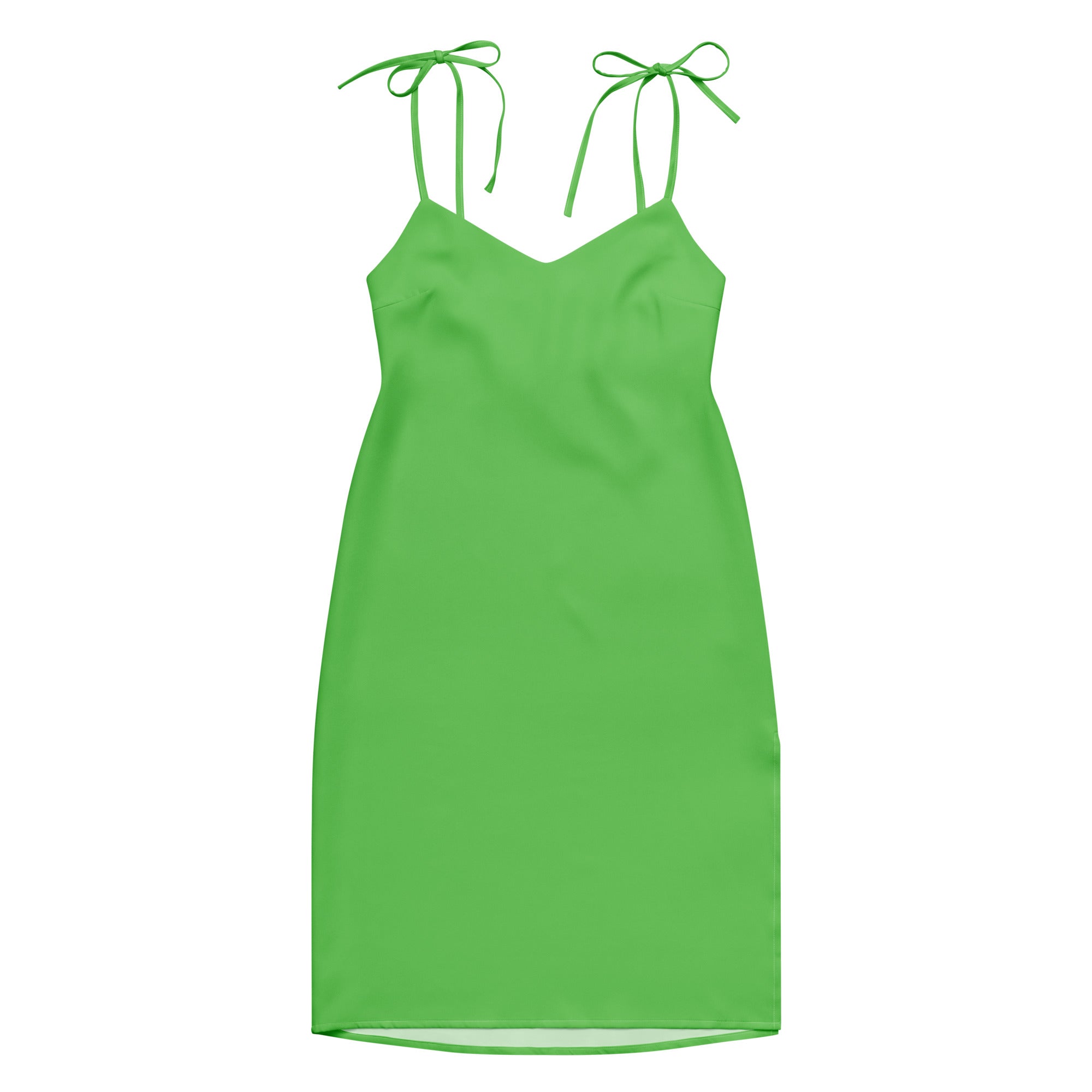 Women's green slip dress with adjustable tie straps, midi length