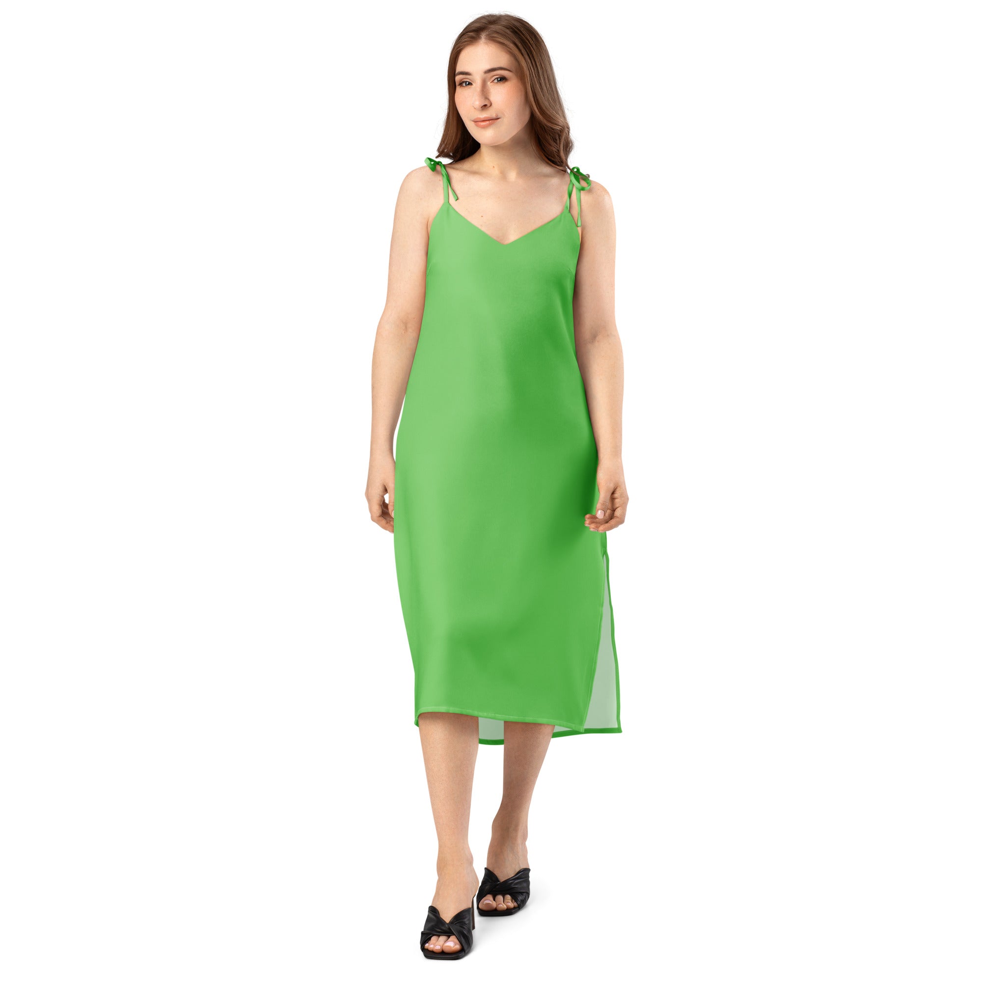 Women's green midi slip dress by Bouvelle with adjustable tie straps and built-in bra.