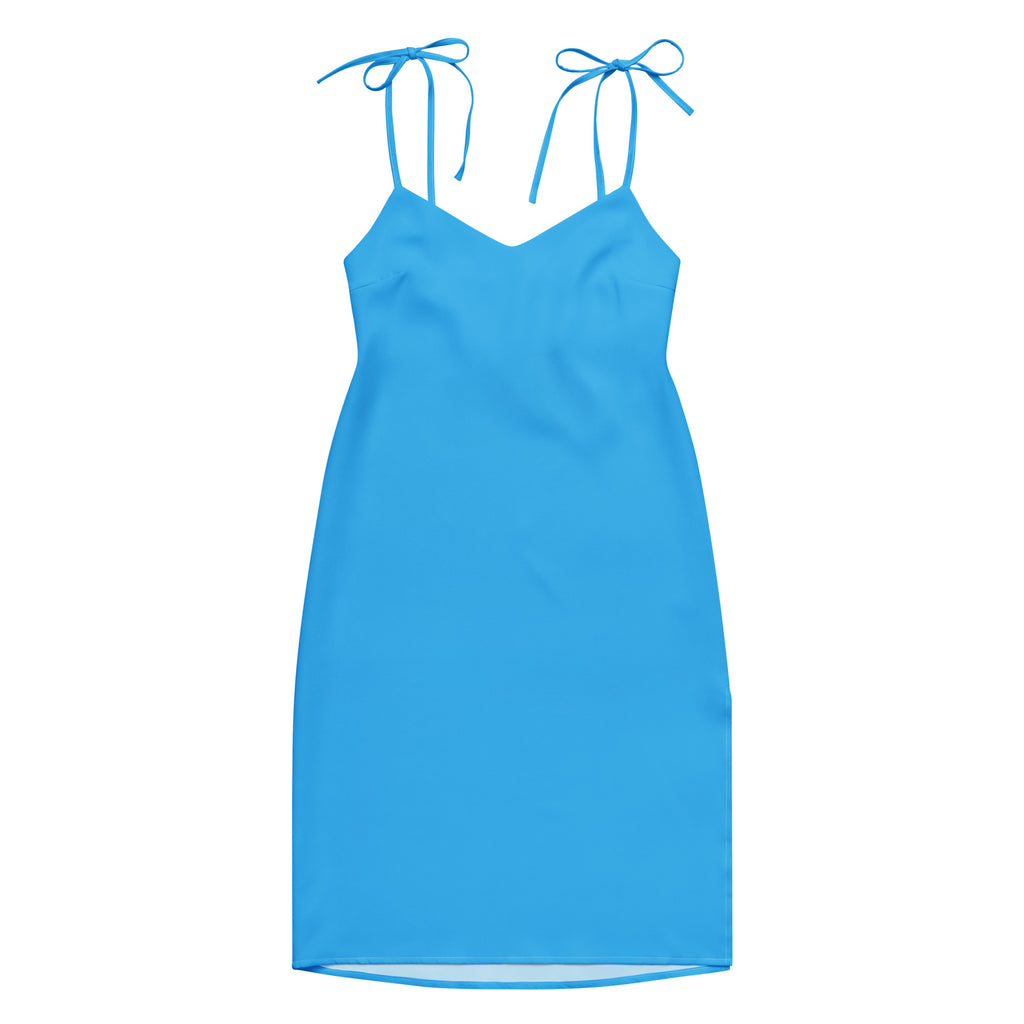 Women's sky blue slip dress with adjustable tie straps and built-in bra, midi length.