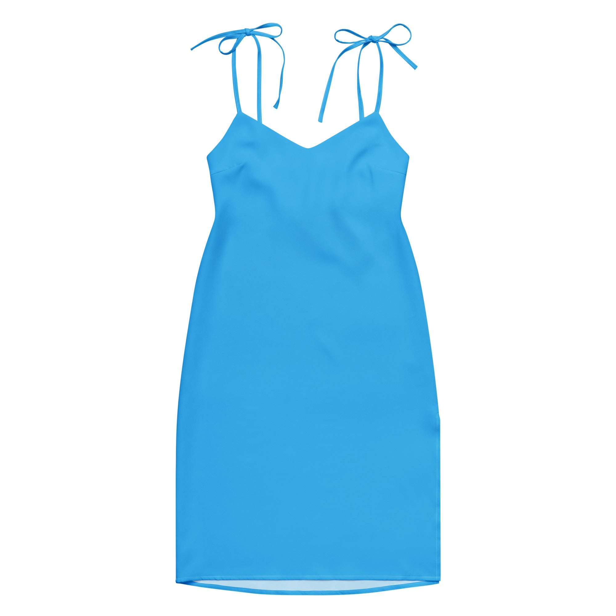Women's sky blue slip dress with adjustable tie straps and built-in bra, midi length.