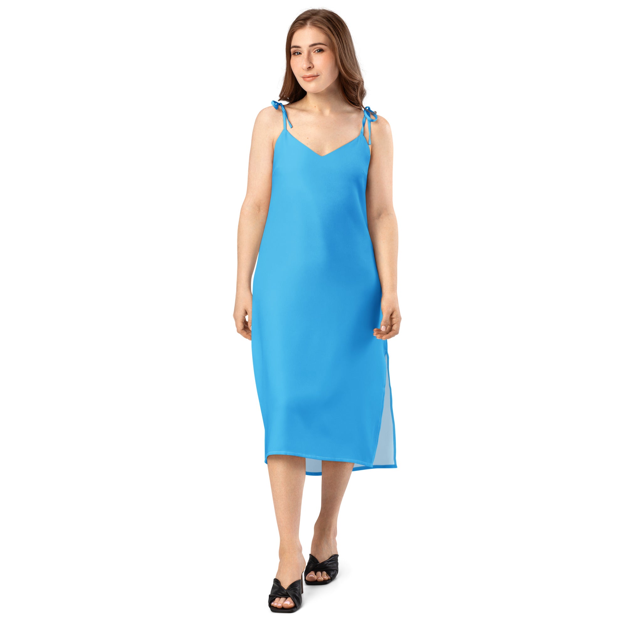 Bouvelle women's sky-blue midi slip dress with adjustable tie straps and built-in bra.