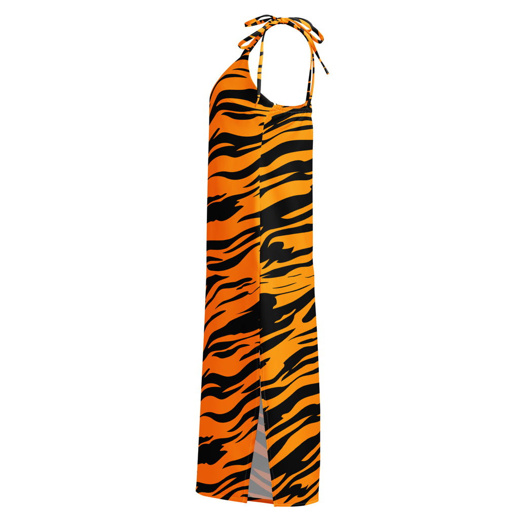 Women’s tiger stripe slip dress midi maxi dress in vibrant orange and black with halter neck and side slit