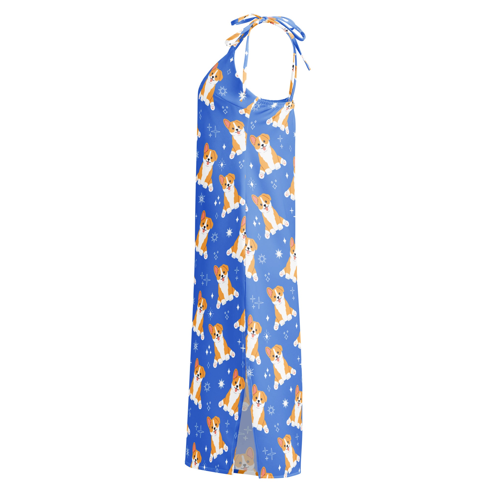 Women’s blue corgi dog slip dress midi halter neck with adjustable tie straps and built in bra featuring playful corgi pattern