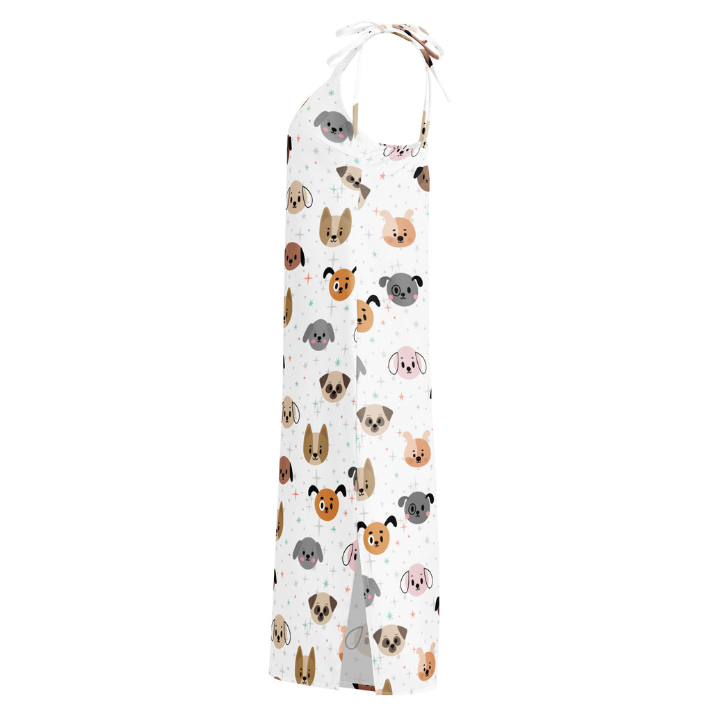 White halter neck apron with playful multicolored cartoon dog pattern perfect for casual wear or cooking activities