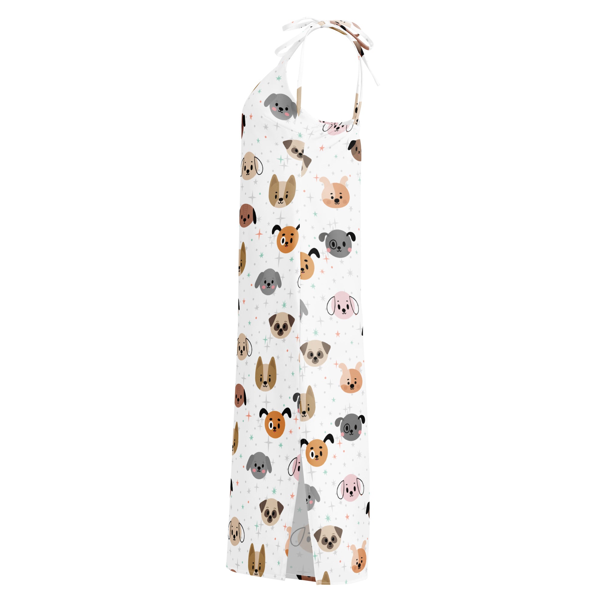 White halter neck apron with playful multicolored cartoon dog pattern perfect for casual wear or cooking activities