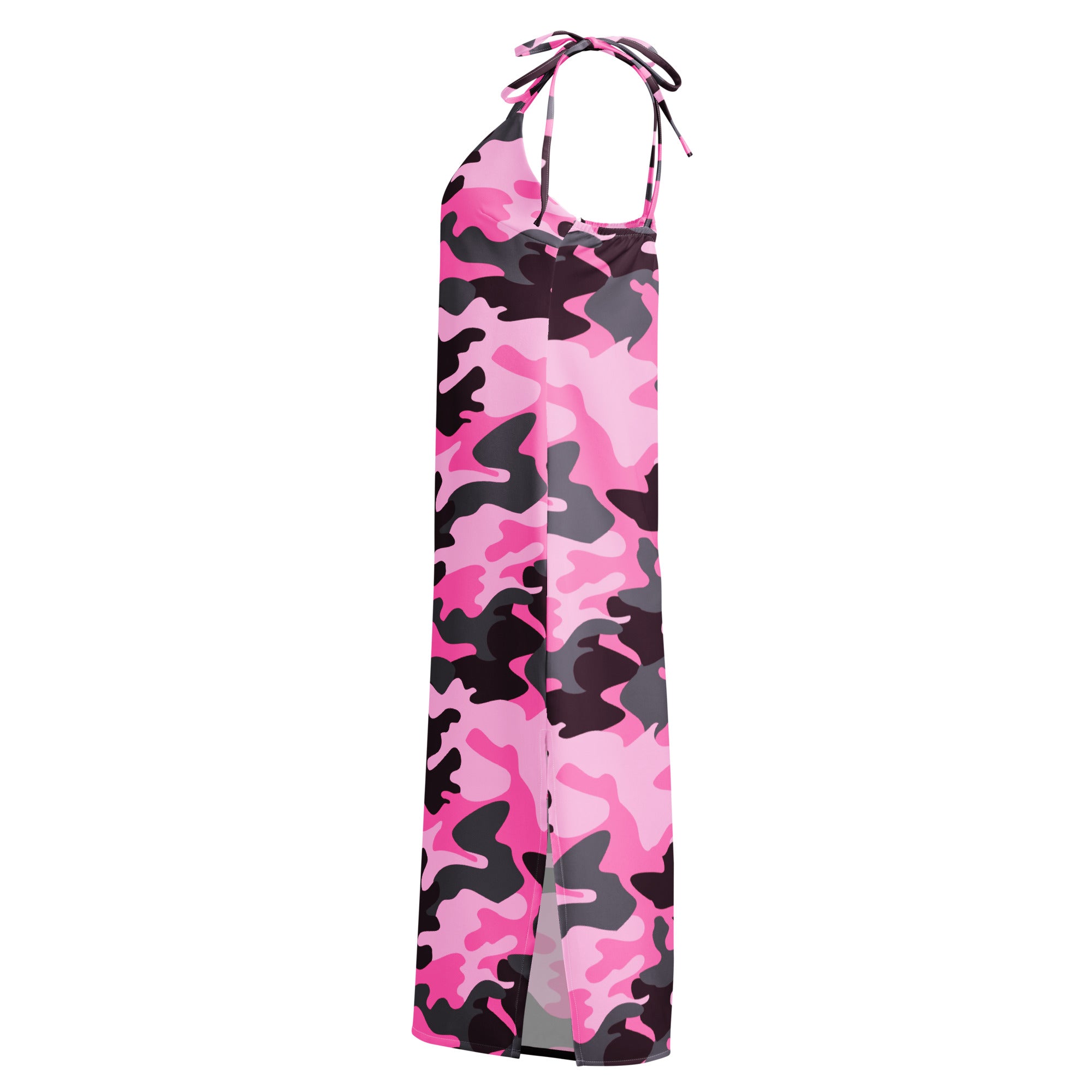 Women’s pink and black camouflage halter slip dress with tie-back neckline and built-in bra midi dress