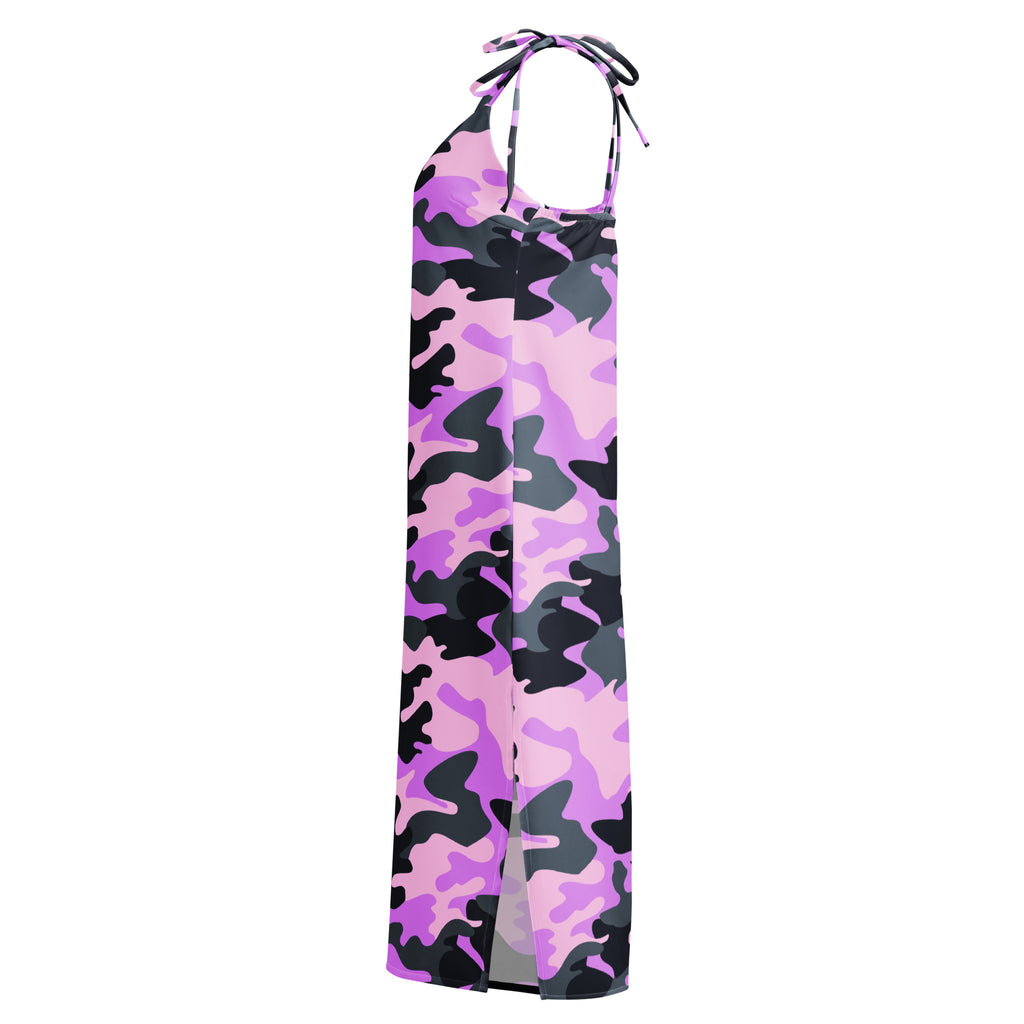 Women’s purple camouflage slip dress midi with adjustable tie straps halter neck in lightweight fabric