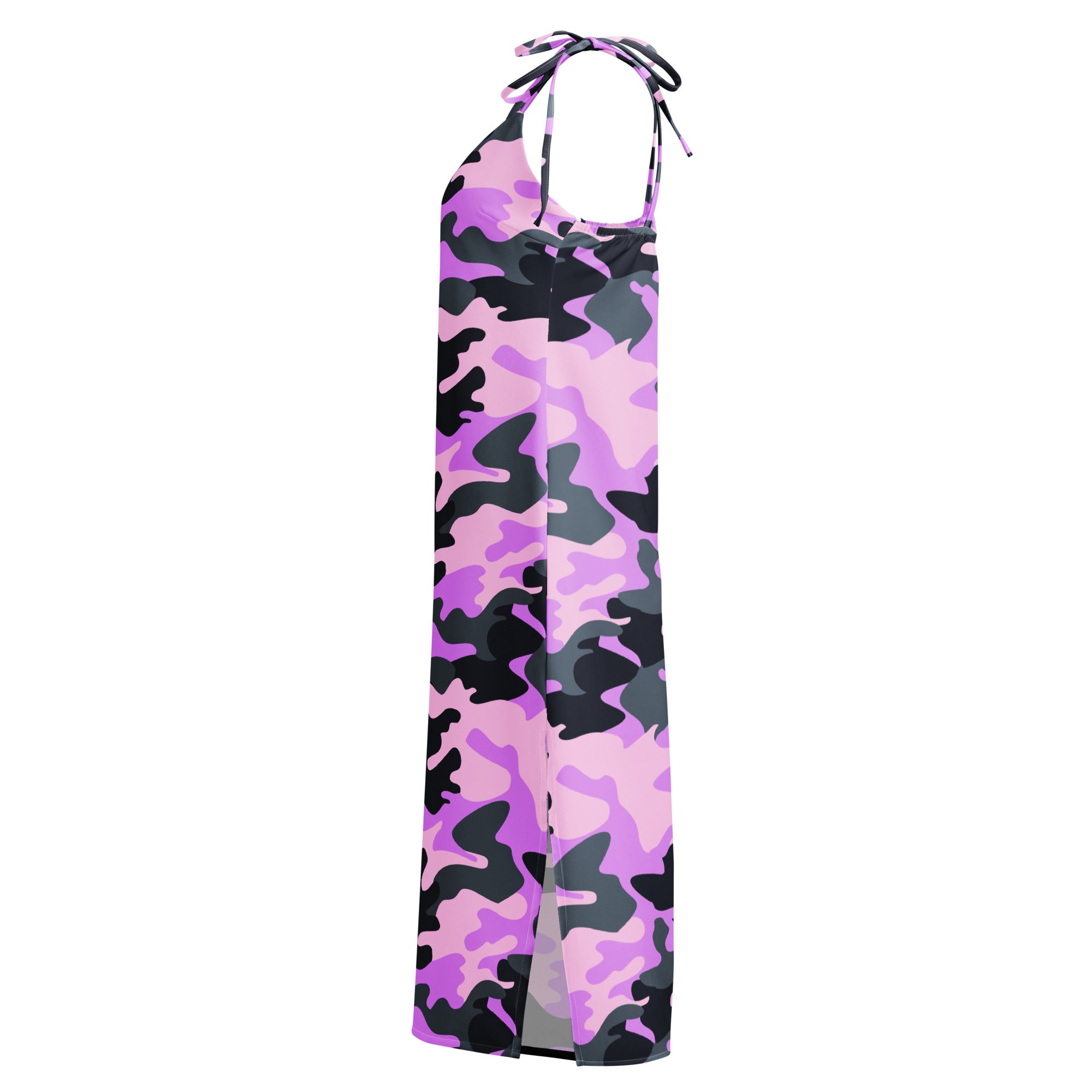 Women’s purple camouflage slip dress midi with adjustable tie straps halter neck in lightweight fabric