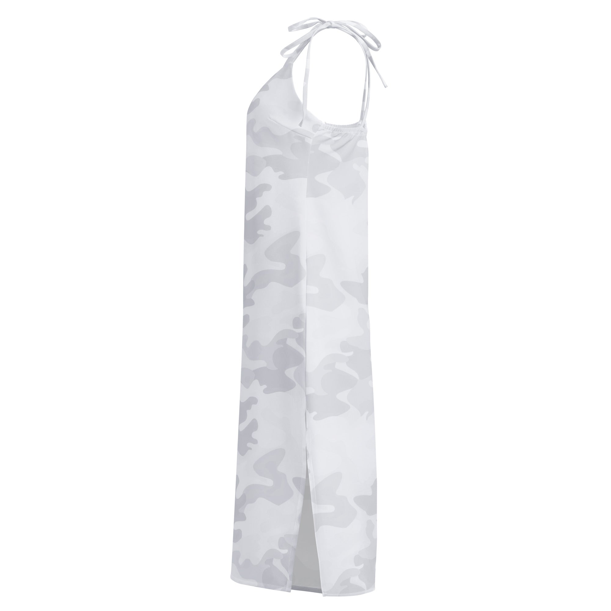 Women’s white and gray camouflage halter neck maxi dress with thin adjustable tie straps and built in bra