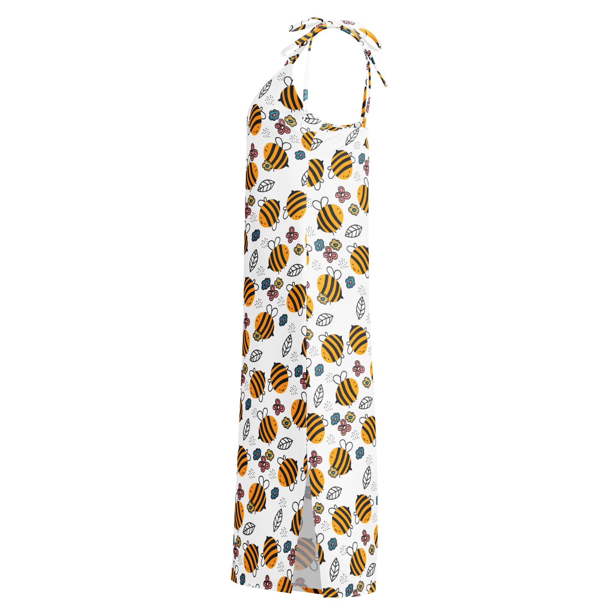 Women’s white halter-neck maxi dress with yellow and black bumblebee floral pattern and adjustable tie straps