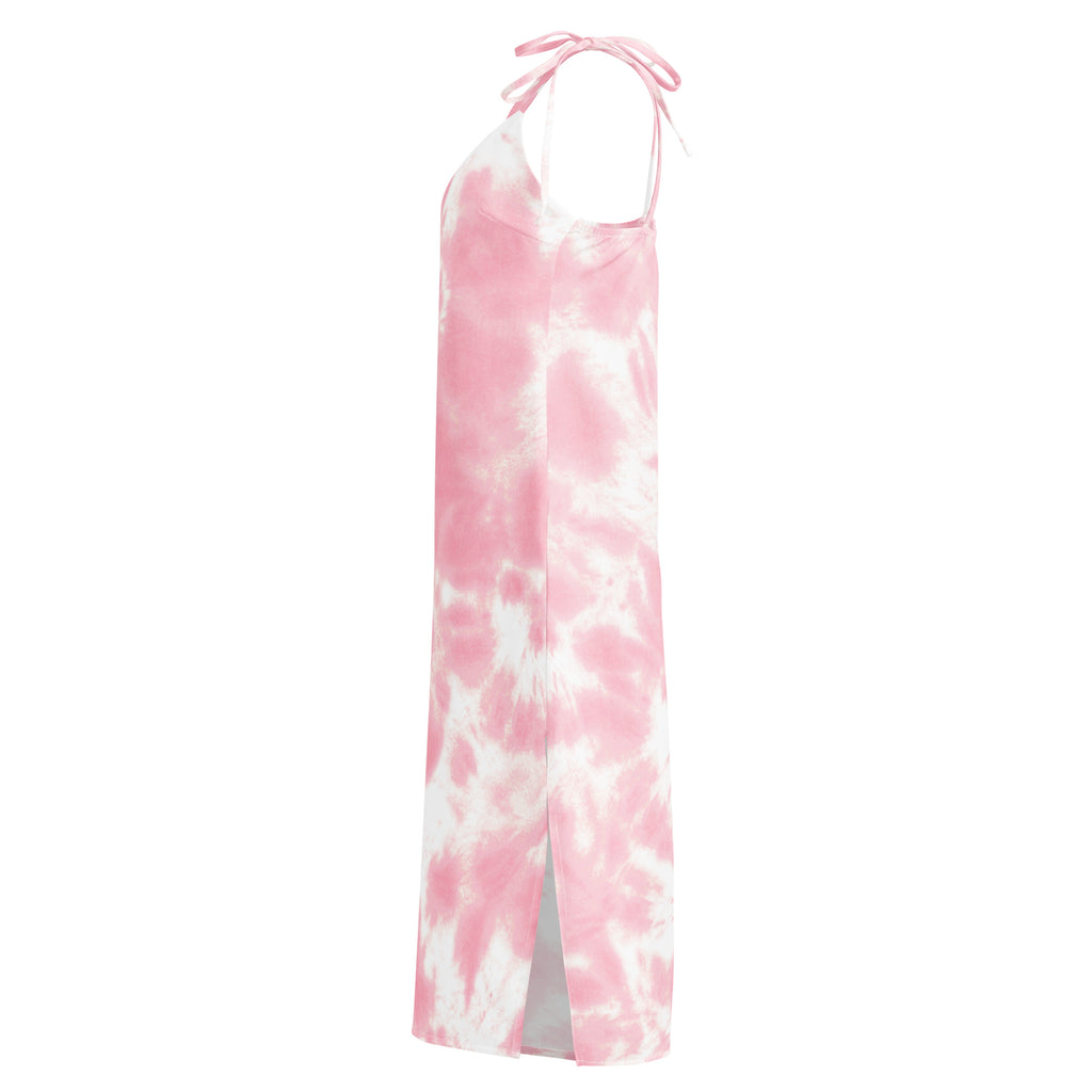 A flowing pink and white tie dye halter midi dress with thin adjustable tie straps and built in bra for women
