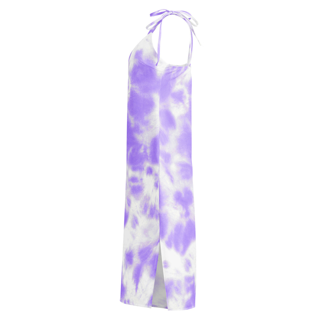 Women’s purple tie dye slip midi dress with flowing lavender and white halter neckline and adjustable tie straps