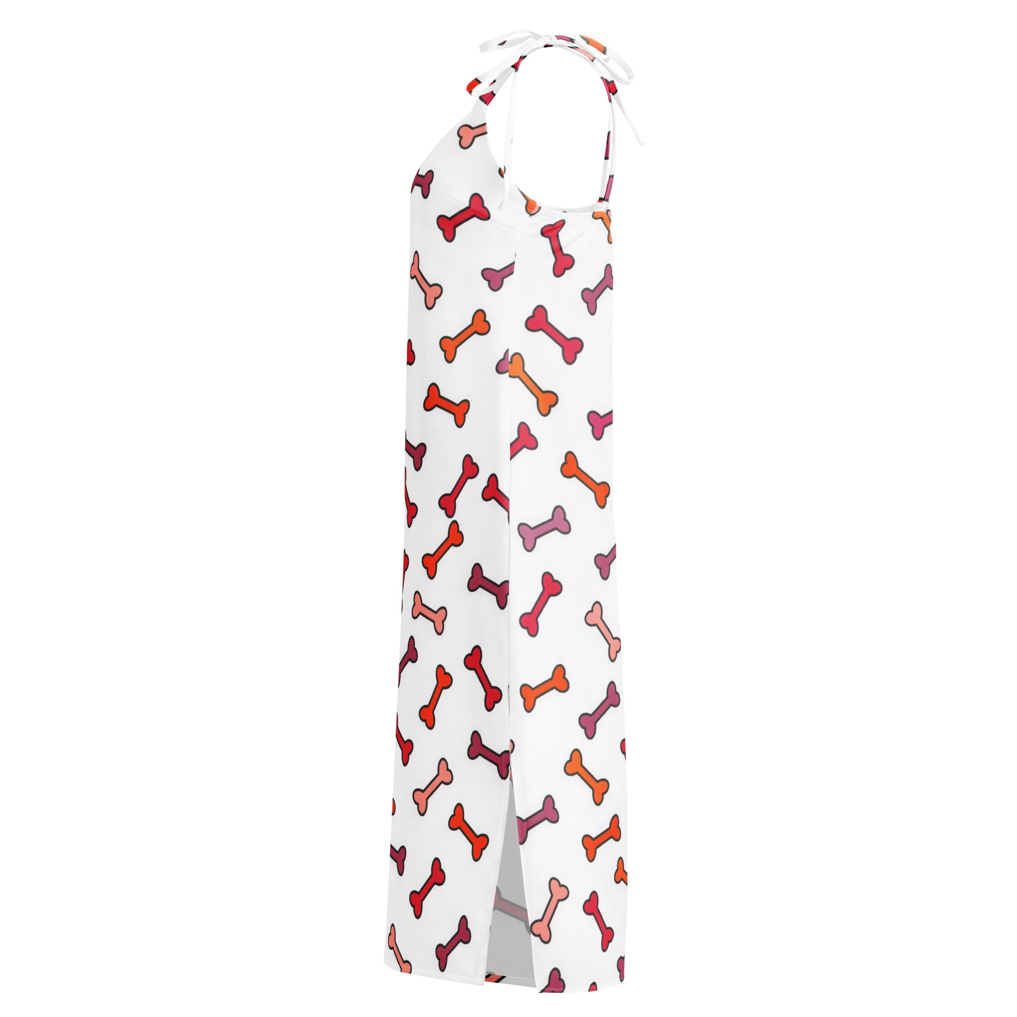 White halter-neck midi dress with colorful red orange and pink dog bone pattern and adjustable tie straps with built in bra