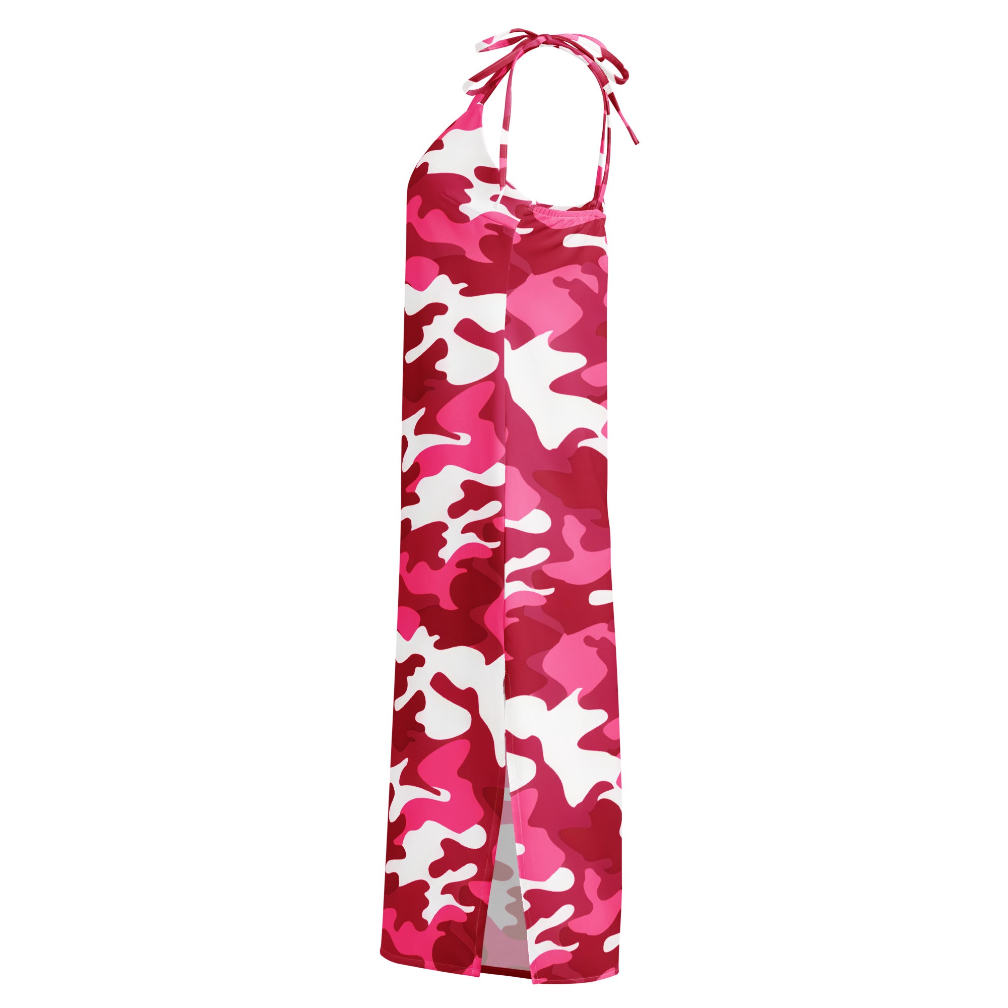 A pink and white camouflage halter neck maxi dress with thin adjustable tie straps and built in bra for women