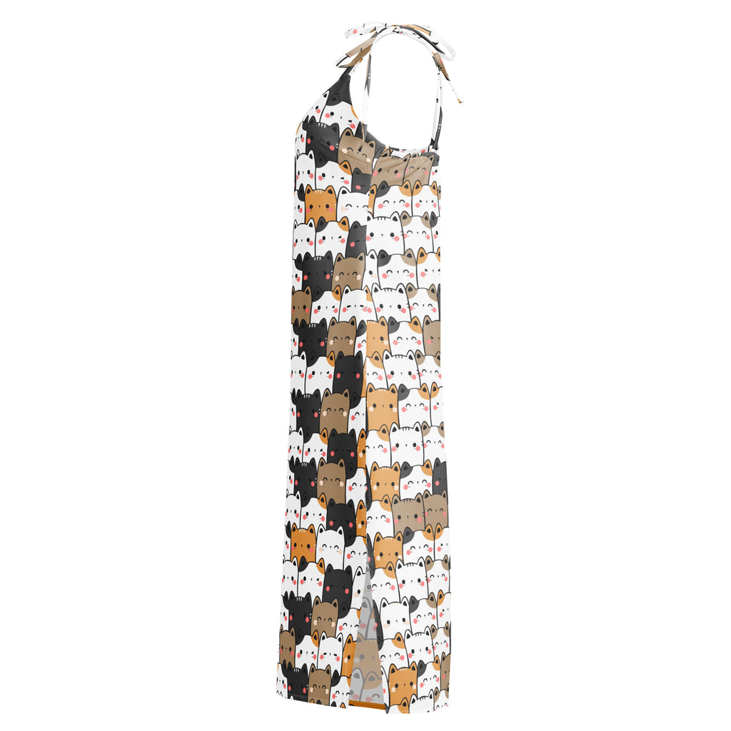 Women’s kawaii cat slip dress midi dress with adjustable tie straps featuring cartoon cats in black white and orange on light background