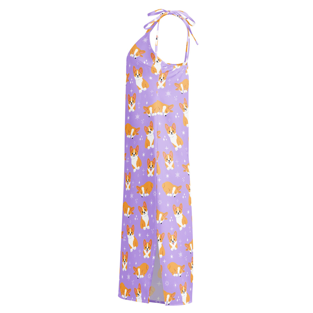 Purple dress with corgi pattern on a white background