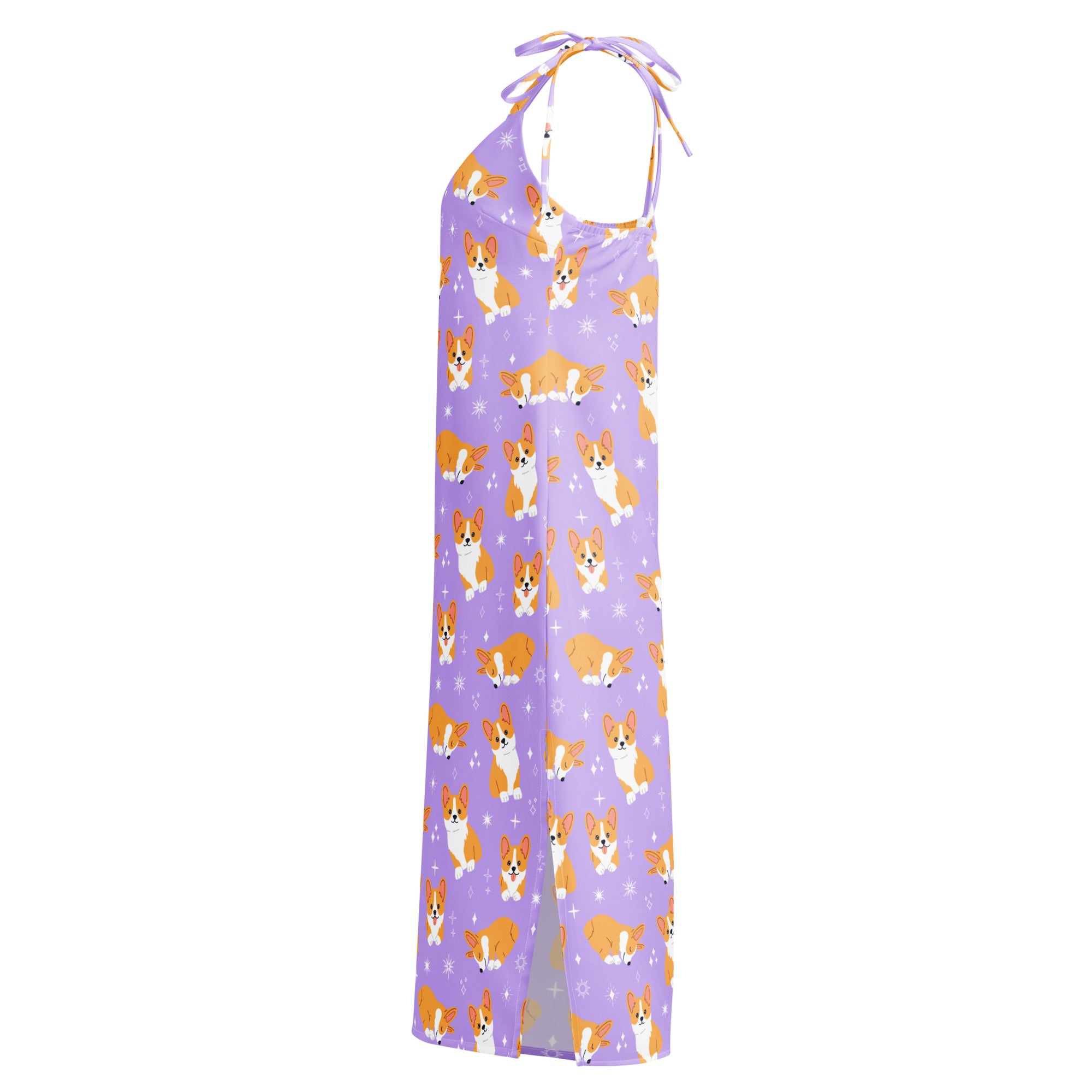 Purple dress with corgi pattern on a white background